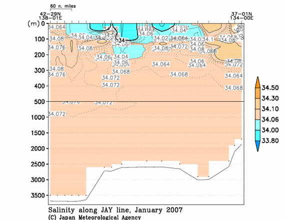日本海の2007年冬季の塩分