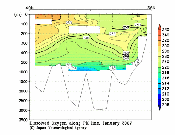 日本海の2007年冬季の溶存酸素量