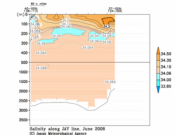 日本海の2008年夏季の塩分