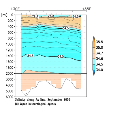 九州・沖縄海域の2005年秋季の塩分