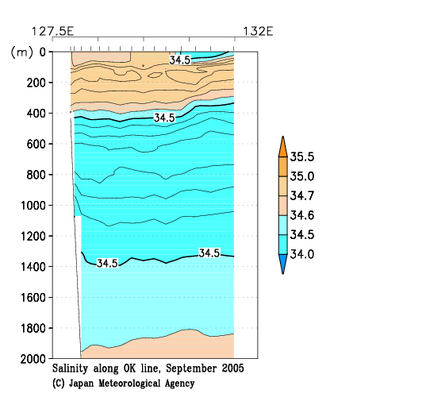 九州・沖縄海域の2005年秋季の塩分