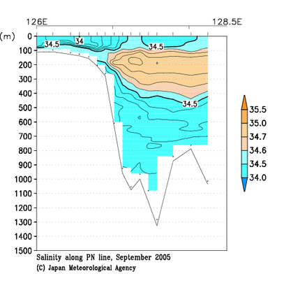 九州・沖縄海域の2005年秋季の塩分