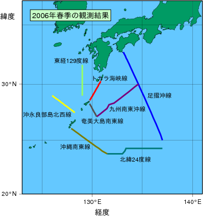 九州・沖縄海域(2006年春季)の観測線図