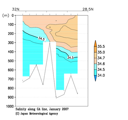 九州・沖縄海域の2007年冬季の塩分