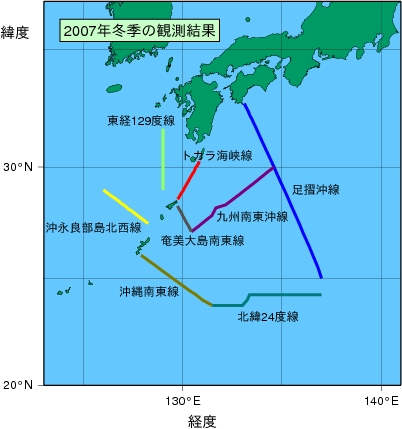 九州・沖縄海域(2007年冬季)の観測線図