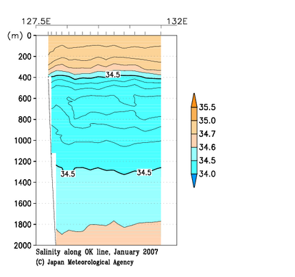 九州・沖縄海域の2007年冬季の塩分