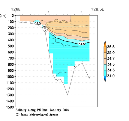 九州・沖縄海域の2007年冬季の塩分