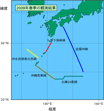 九州・沖縄海域(2009年春季)の観測線図