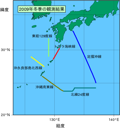 九州・沖縄海域(2009年冬季)の観測線図