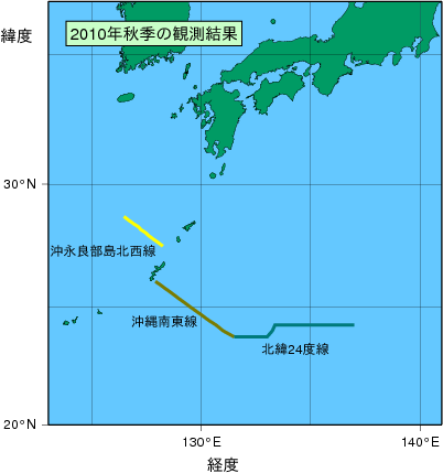 九州・沖縄海域(2010年秋季)の観測線図
