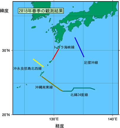 九州・沖縄海域(2018年春季)の観測線図