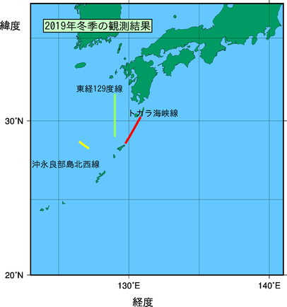 九州・沖縄海域(2019年冬季)の観測線図