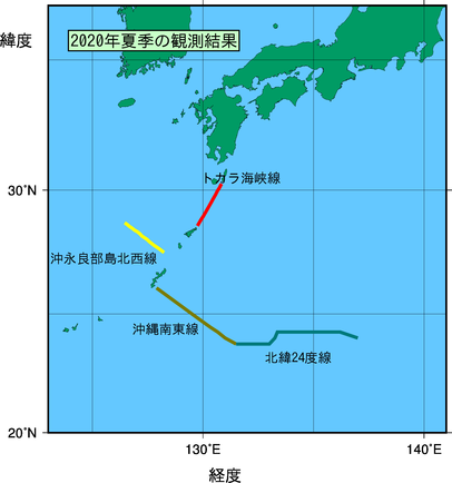 九州・沖縄海域(2020年夏季)の観測線図