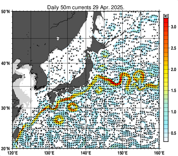 日本近海の深さ50mの海流分布図（4月29日）