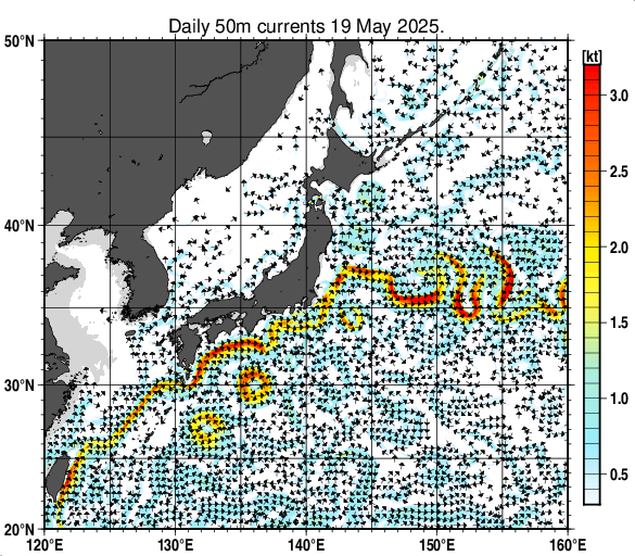日本近海の深さ50mの海流分布図（5月19日）