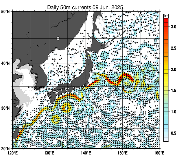 日本近海の深さ50mの海流分布図（6月9日）