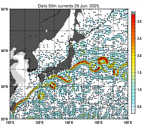 日本近海の深さ50mの海流分布図（6月29日）
