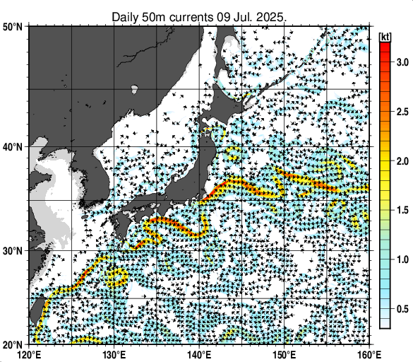 日本近海の深さ50mの海流分布図（7月9日）
