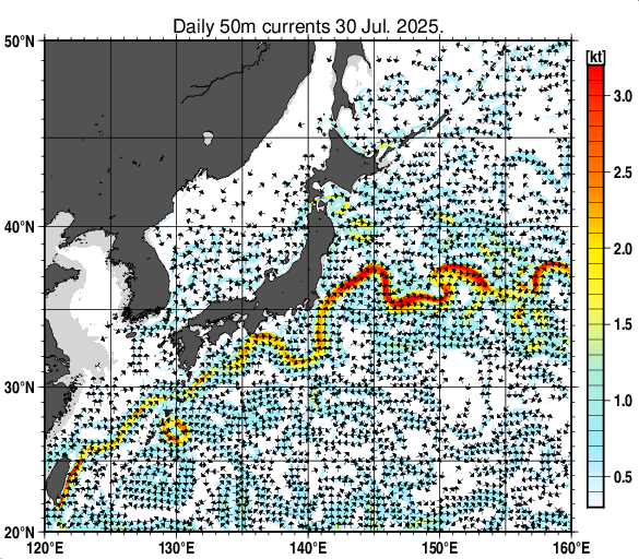 日本近海の深さ50mの海流分布図（7月30日）
