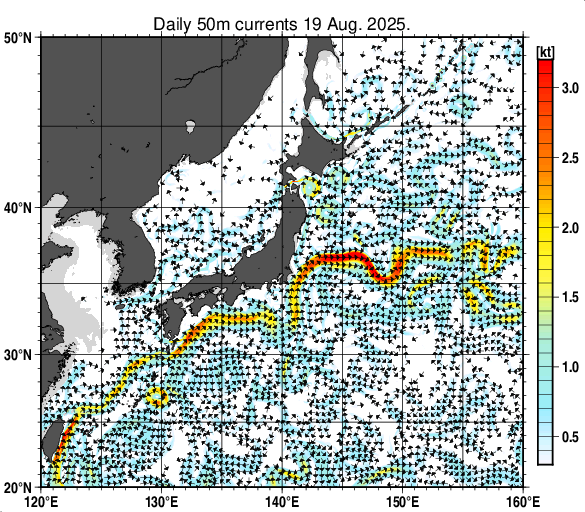 日本近海の深さ50mの海流分布図（8月19日）