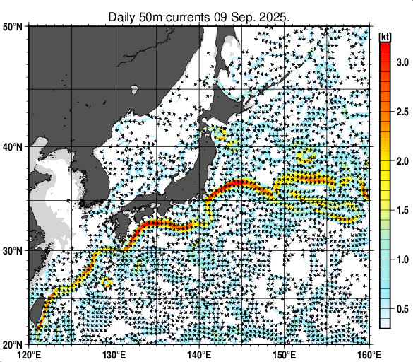 日本近海の深さ50mの海流分布図（9月9日）