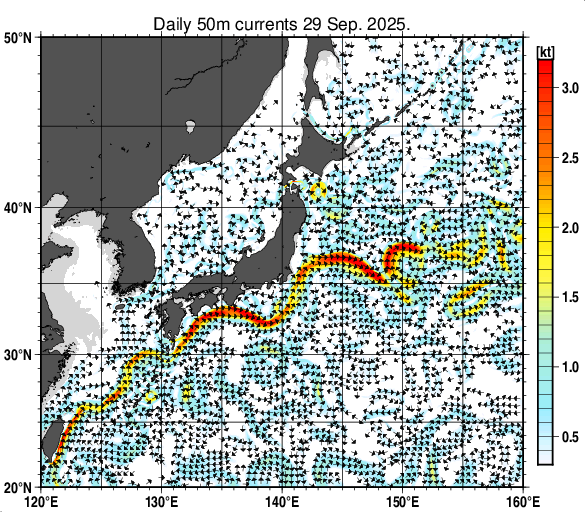 日本近海の深さ50mの海流分布図（9月29日）