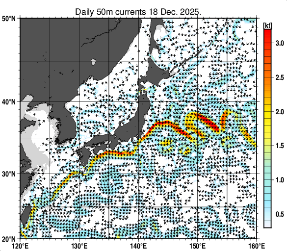 日本近海の深さ50mの海流分布図（12月18日）