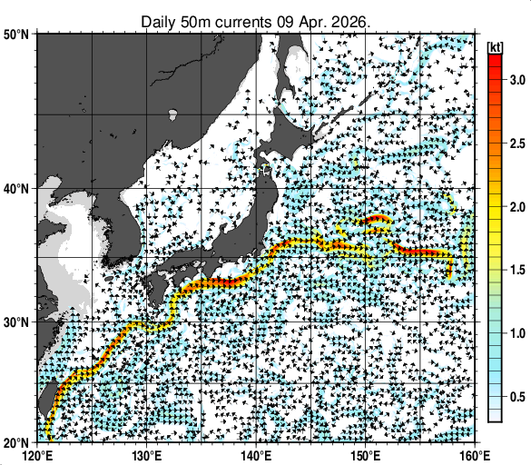 日本近海の深さ50mの海流分布図（4月9日）