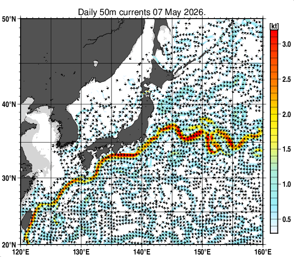 日本近海の深さ50mの海流分布図（5月7日）