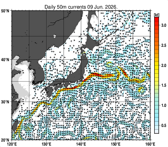 日本近海の深さ50mの海流分布図（6月9日）
