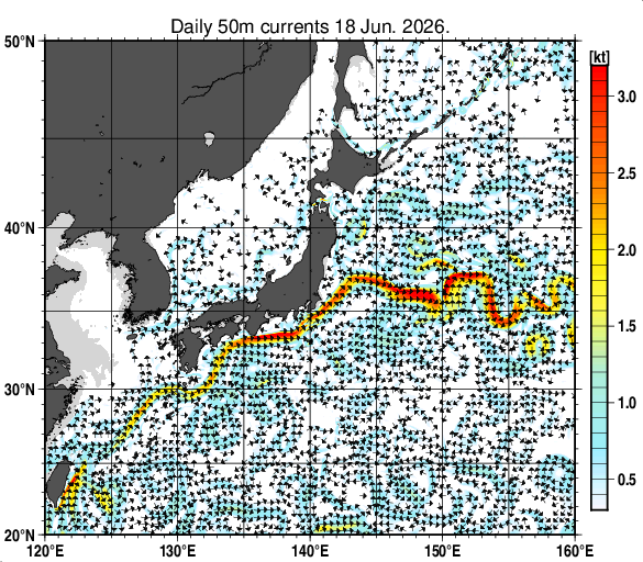 日本近海の深さ50mの海流分布図（6月18日）