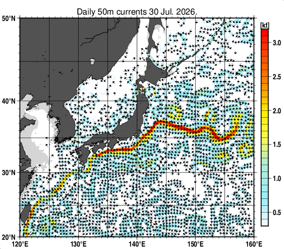 日本近海の深さ50mの海流分布図（7月30日）