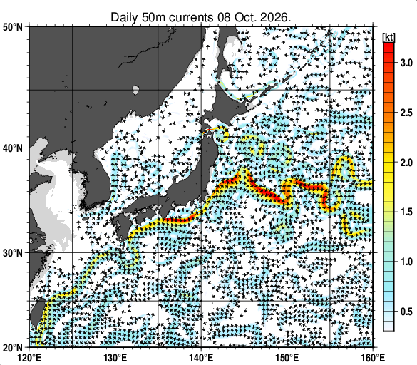 日本近海の深さ50mの海流分布図（10月8日）