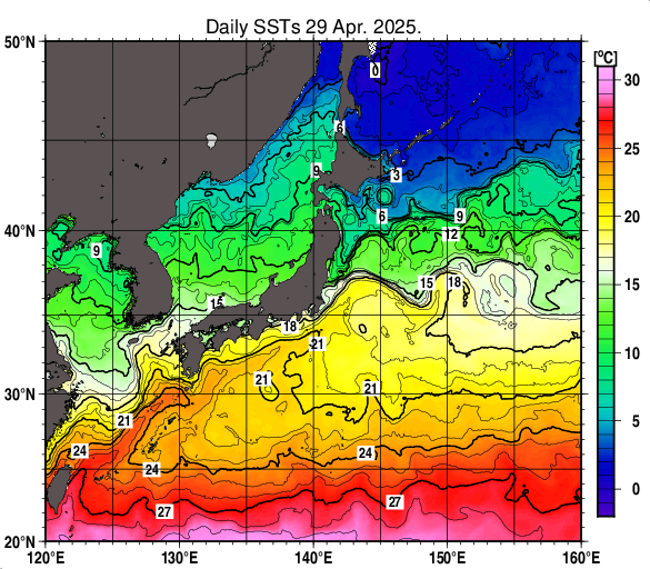 日本近海の海面水温分布図（4月29日）