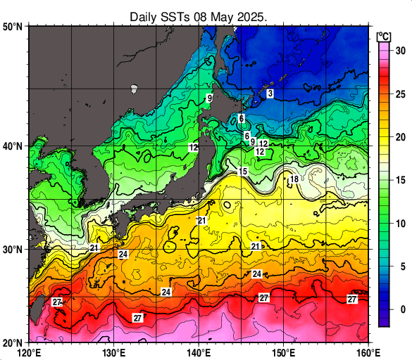 日本近海の海面水温分布図（5月8日）