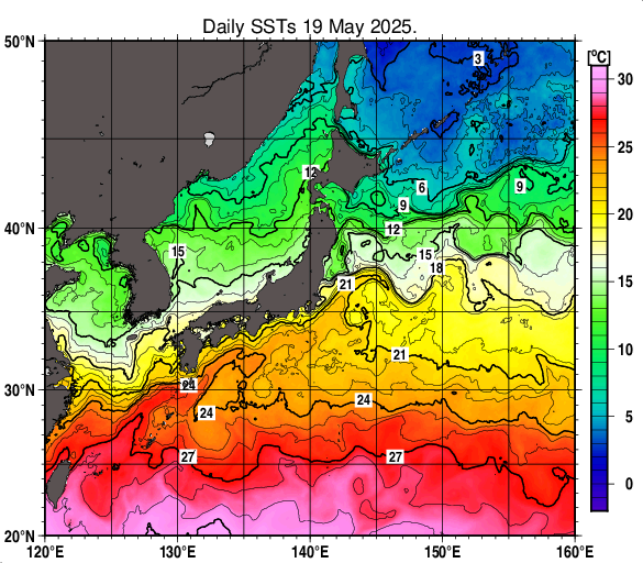 日本近海の海面水温分布図（5月19日）