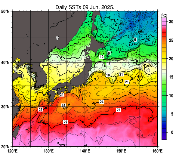 日本近海の海面水温分布図（6月9日）