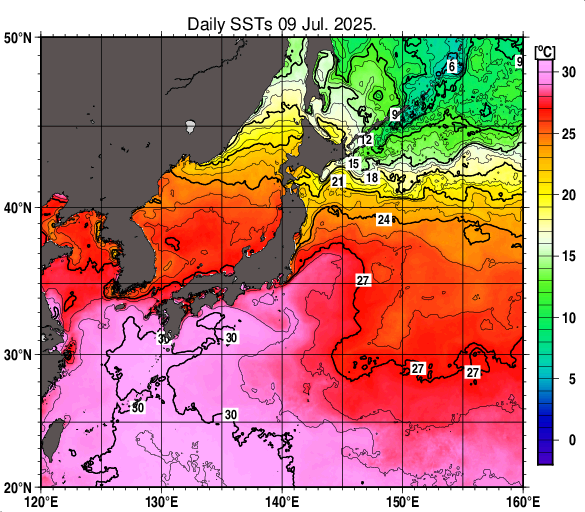 日本近海の海面水温分布図（7月9日）