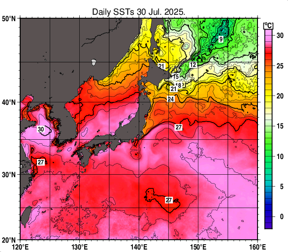日本近海の海面水温分布図（7月30日）