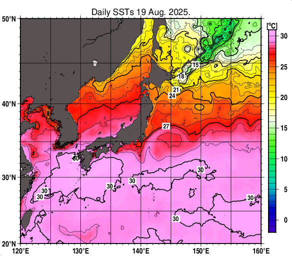 日本近海の海面水温分布図（8月19日）