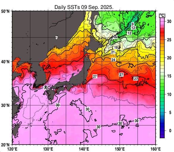 日本近海の海面水温分布図（9月9日）