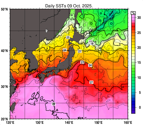 日本近海の海面水温分布図（10月9日）