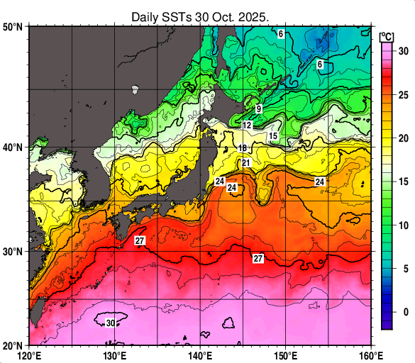日本近海の海面水温分布図(10月30日)