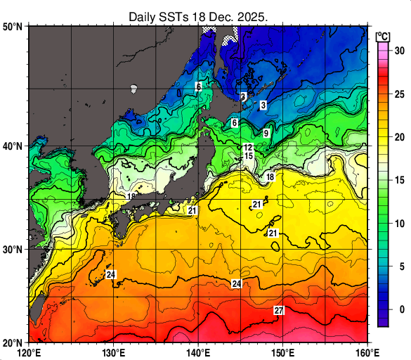 日本近海の海面水温分布図（12月18日）