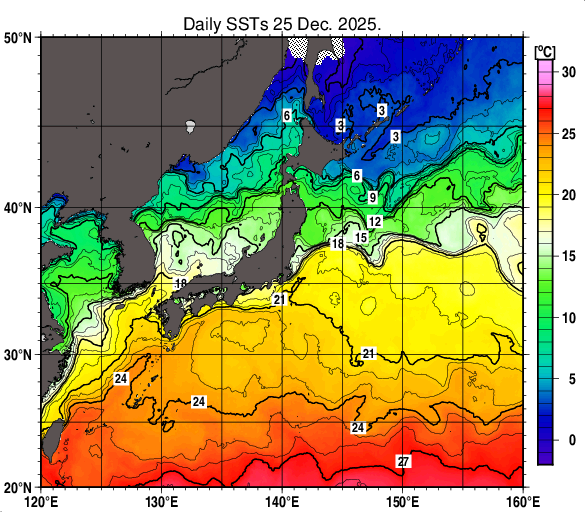 日本近海の海面水温分布図（12月25日）