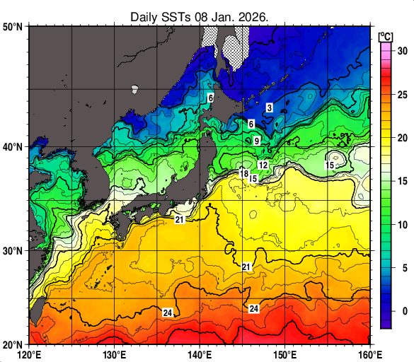 日本近海の海面水温分布図（1月8日）