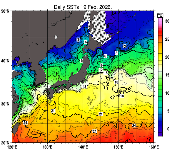 日本近海の海面水温分布図（2月19日）