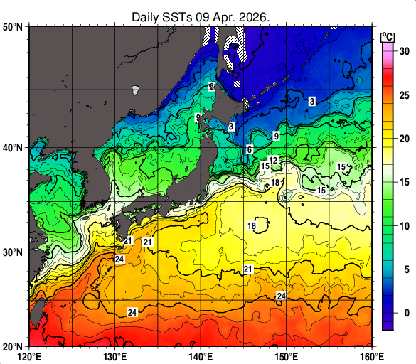日本近海の海面水温分布図（4月9日）