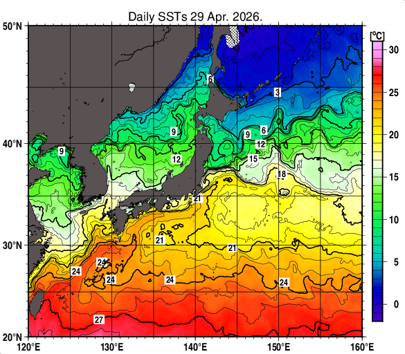 日本近海の海面水温分布図（4月29日）