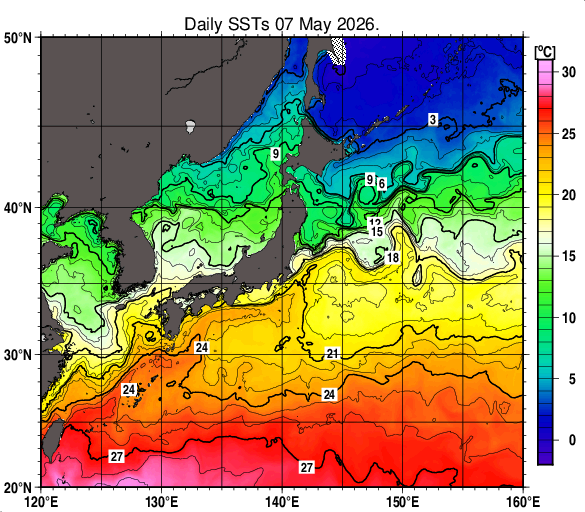 日本近海の海面水温分布図（5月7日）